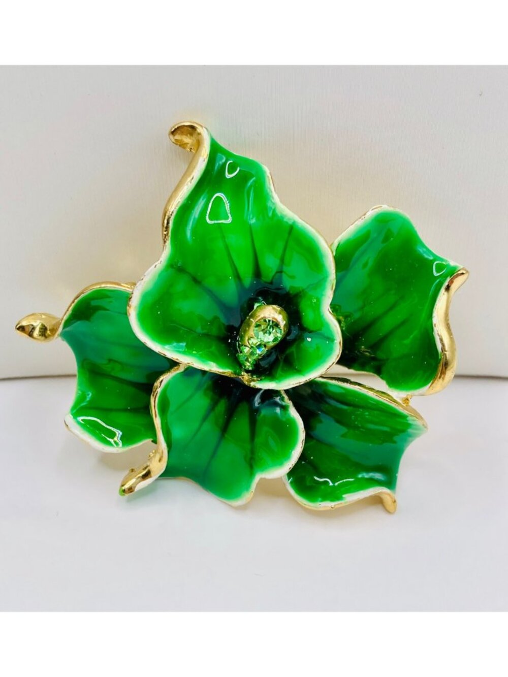 Green Enamel Orchid Flower Brooch Gold-Tone Trim & Rhinestone Accent -2B